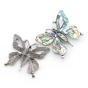Zinc alloy butterfly brooch with colorful abalone shell inlay, front and back view