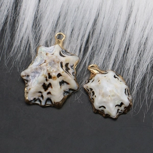 Gros plan de pendentifs en coquillage naturel avec bords dorés et boucles en métal