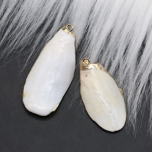 Détail macro de deux pendentifs en coquillage naturel avec bords dorés pour bijoux DIY