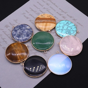 Natural Stone Round Disc Pendant With Gold Plated Alloy Edging Border Quartz Malachite DIY Necklace Jewelry Making Pendant