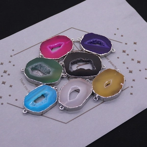 Natuurlijke Agaat Druzy Plak Hanger Connector Met Dubbele Lus Verzilverde Rand Onregelmatige Agaat Geode Voor DIY Sieraden