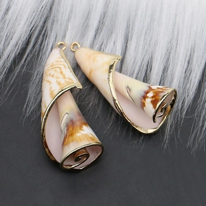 Macro view of natural spiral shell pendants with polished gold-plated metal edges