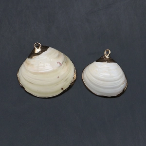Détail de pendentifs en coquillage naturel blanc avec bords dorés et boucles métalliques