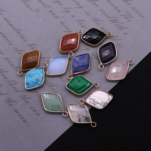 Faceted Rhombus Natural Stone Pendant Rhombus Gemstone Charm With Gold Plated Rim For DIY Necklace Jewelry Making Accessory