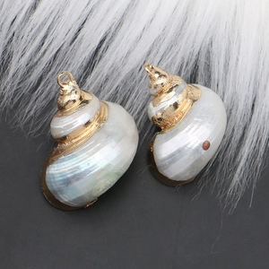 Macro detail of natural shell pendants with gold plated edges and metal hanging loops