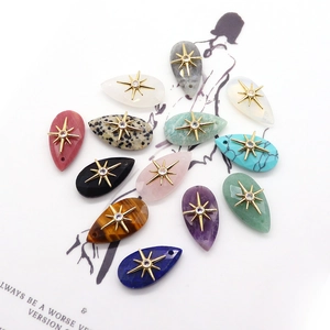 Teardrop natural stone pendants with golden star inlay and crystal for DIY jewelry