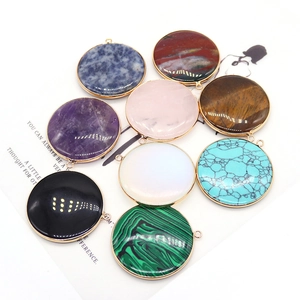 Natural round tiger eye and malachite stone pendants with gold plated edges for DIY jewelry
