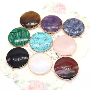 Natural round tiger eye and malachite pendants with gold plated edges for DIY jewelry making