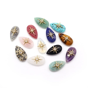 Water drop natural stone pendants with gold star burst inlay and zircon for DIY necklaces