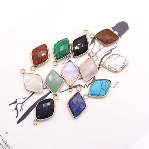 Assorted natural stone rhombus pendants with gold-plated edges for DIY jewelry making