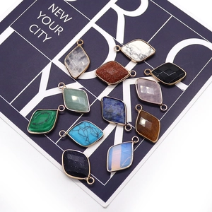 Set of faceted rhombus natural stone pendants with gold plated edges for DIY necklaces