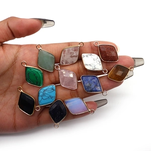 Set of 11 diamond shaped natural stone pendants with gold plated edges for DIY jewelry making