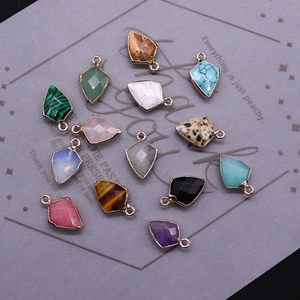 Set of 13 natural stone shield pendants with gold plated edges for DIY jewelry making