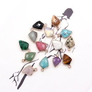 Set of 14 shield shaped gemstone pendants with gold plated frames for DIY jewelry