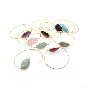 Polished gold plated open cuff bracelets with colorful oval agate gemstones set for women