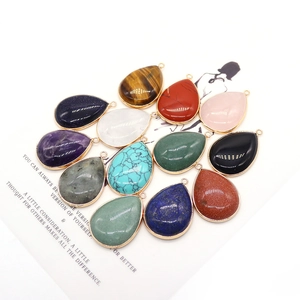 Set of water-drop gemstone pendants with gold plated edges for DIY jewelry making