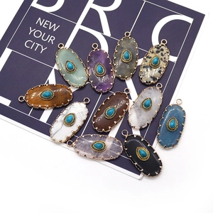 Oval natural stone pendants with turquoise drop inlay and golden serrated edges