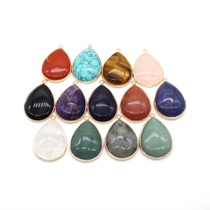 Set of 13 colorful teardrop semi-precious stone pendants with gold plated metal trim