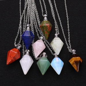 Natural Stone Hexagonal Perfume Bottle Necklace Stainless Steel Chain Essential Oil Diffuser Pendant Vintage Jewelry Gift