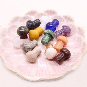 Ensemble de pierres en cristal naturel en forme de champignon dans un plat rose