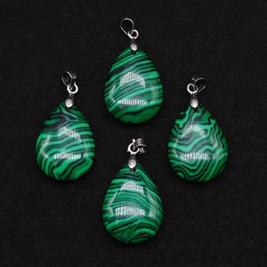 Set of four teardrop-shaped malachite pendants with green wavy patterns and silver clasps
