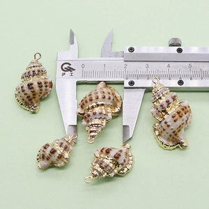 Macro view of natural shell pendant with gold plating showing size on caliper