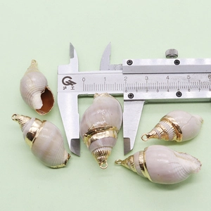Détail de pendentifs en conque naturelle avec bordure dorée mesurés par un pied à coulisse