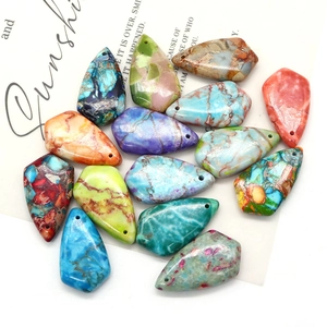Mix of 14 colorful imperial jasper shield pendants with pre-drilled holes for DIY jewelry