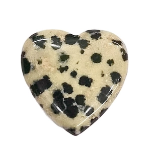 Polished Dalmatian Jasper heart stone showing natural black spots and smooth texture