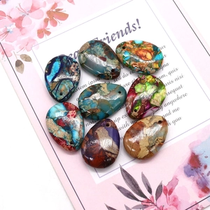 Eight natural stone teardrop pendants with colorful marble textures for DIY necklace jewelry