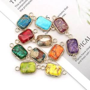 Rectangular natural stone pendants with gold metal frames and double holes for DIY jewelry