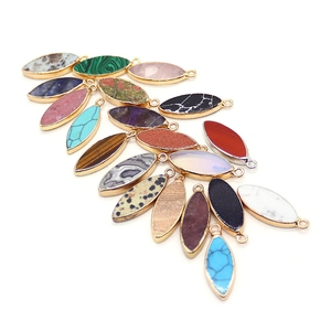 Assorted marquise natural stone pendants with gold plated edges for DIY jewelry making