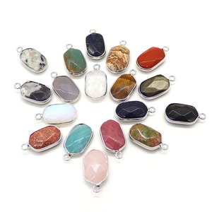 Set of 17 oval faceted natural stone pendants with silver plated edges for DIY jewelry