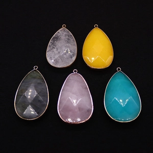 Set of faceted teardrop natural stone pendants with gold plated metal edges for DIY jewelry