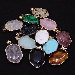 Set of 12 hexagonal natural stone pendants with gold plated edges for DIY jewelry