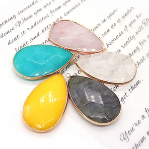 Faceted teardrop gemstone pendants with gold plated edges for DIY jewelry making