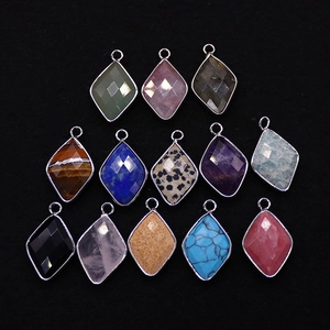 Natural Stone Faceted Rhombus Pendant For DIY Jewelry Making Silver Plated Copper Edging Necklace Charm Women Men Accessory