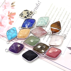 Rhombus faceted natural stone pendants in multiple colors with silver metal edges and ring