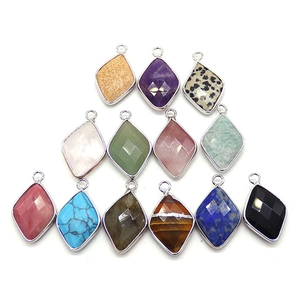 Assorted natural faceted gemstone pendants in rhombus shape with silver metal bezel