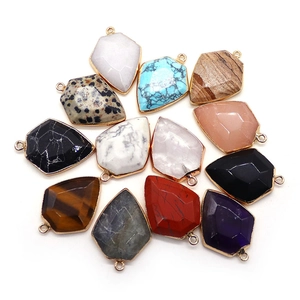 Natural gemstone shield pendants with gold plated edges for DIY jewelry making set