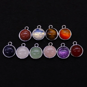 Set of 10 round natural stone pendants with silver metal bails for DIY jewelry making