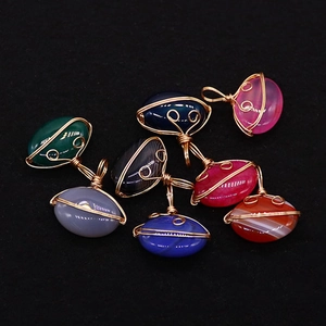 Natural Stone Striped Agate Oval Wire Wrapped Pendant Handmade Gold Copper Wire Necklace Charm For Jewelry Making DIY Craft Women