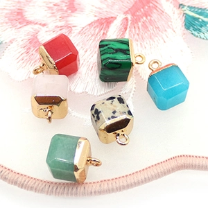 Natural malachite and aventurine square stone pendants with gold metal caps for DIY jewelry