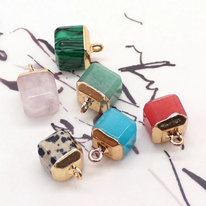 Natural gemstone square cube pendants in malachite and quartz with gold plated bail