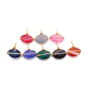 Set of 8 natural striped agate oval pendants with gold wire wrapping for DIY necklaces