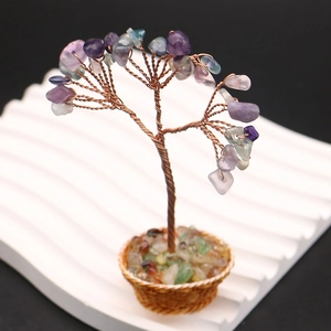 Detail of handmade gemstone tree with copper wire branches and natural amethyst leaves