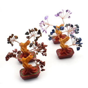 Three mini crystal money tree ornaments with natural gemstones for home and office decor