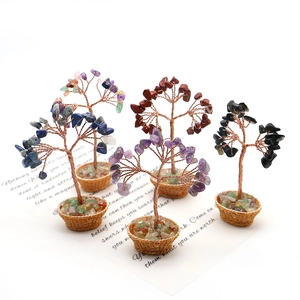 Set of five handmade natural crystal money trees with metallic wire branches and woven baskets