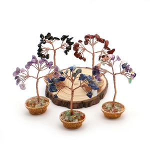 Handmade crystal money tree ornaments with wire branches and assorted gemstone leaves