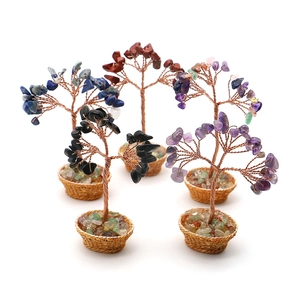 Mini gemstone life trees set with crystal healing stones and copper wire in woven baskets